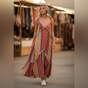 Vibrant Asymmetrical Dress with Red and Yellow Accents